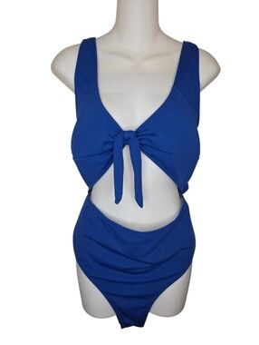 Royal Blue Ribbed Cut-Out One Piece Swimsuit 2XL Plus Size Monokini Front Tie